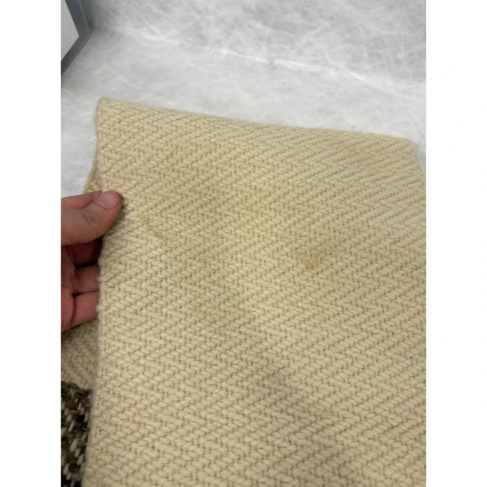 Vintage Handwoven Wool Runner Scarf Stiff Textured Striped Fringe Cream 49in